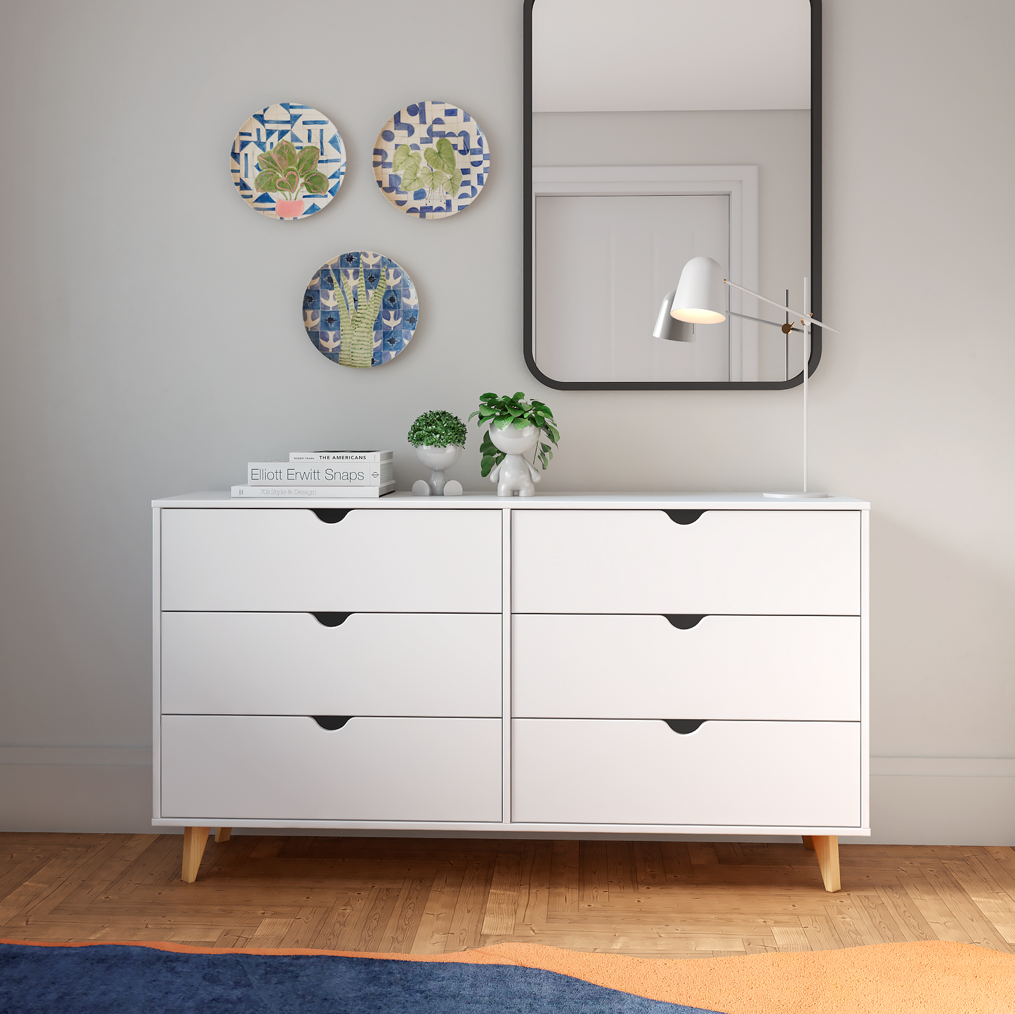 59" White Scoop Handle Six Drawer Double Dresser-5