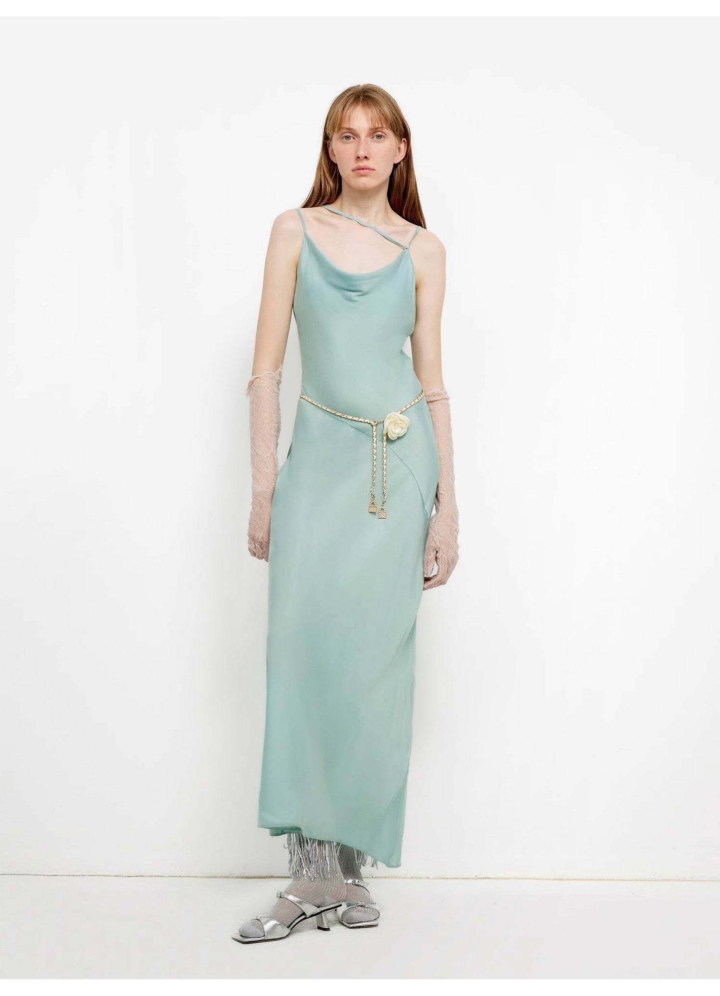 Glossy copper-ammonia silk satin light luxury swing collar slim fishtail suspender dress "Island Riddle"-1