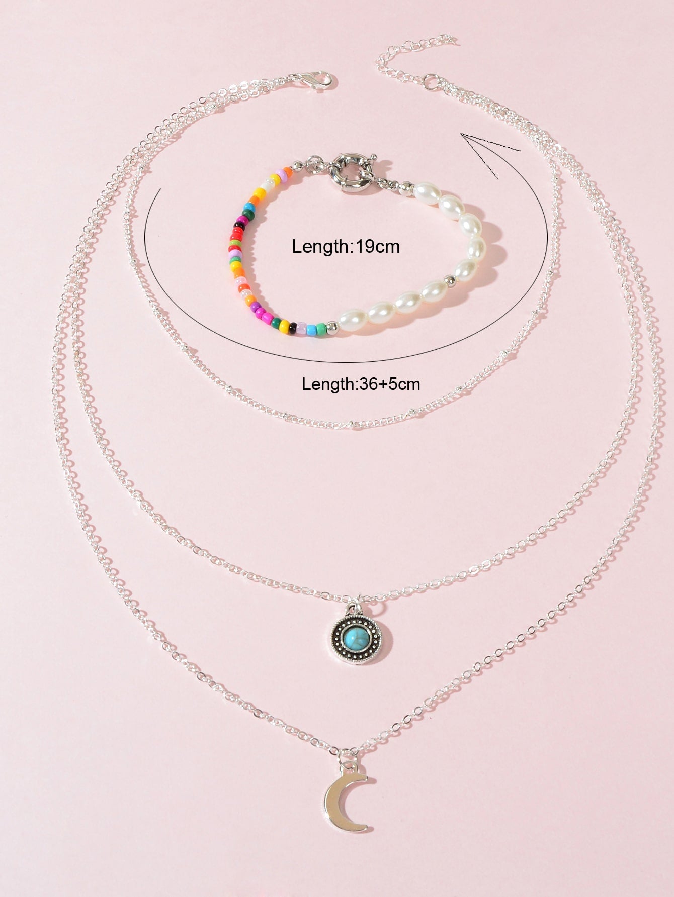 Stylish Silver Multi-Layer Necklace Colourful Beads Bracelet Set Vintage Jewelry-3