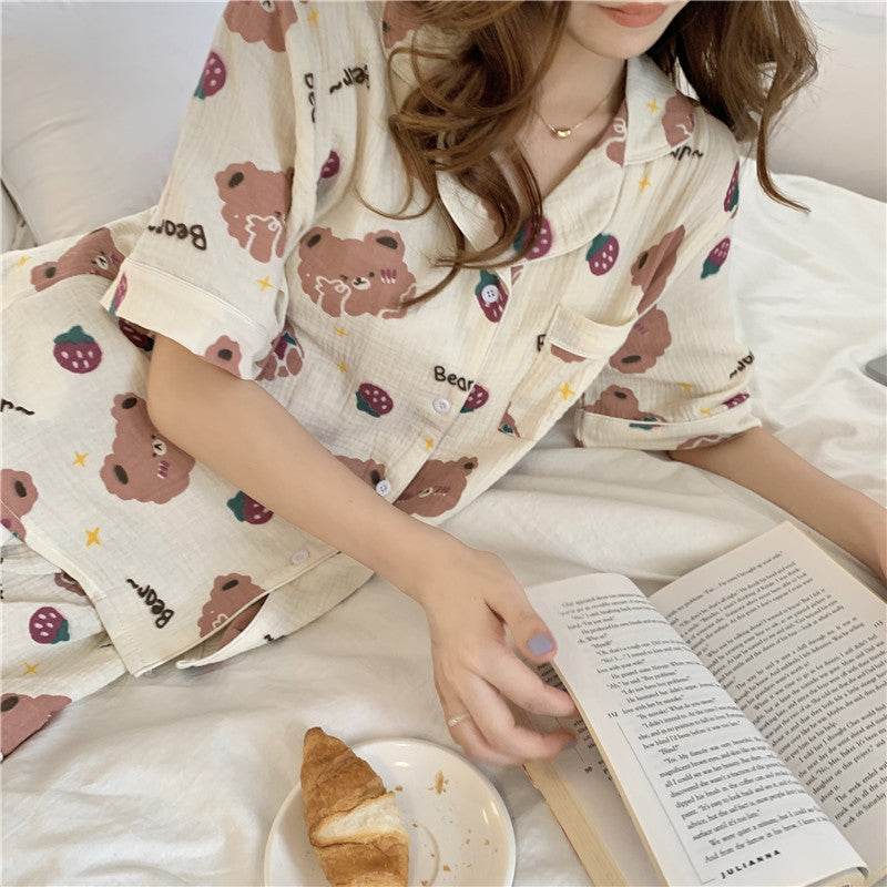 Little Bear Strawberry Print Short Sleeve Shorts Women Pajamas Sleep and Lounge wear