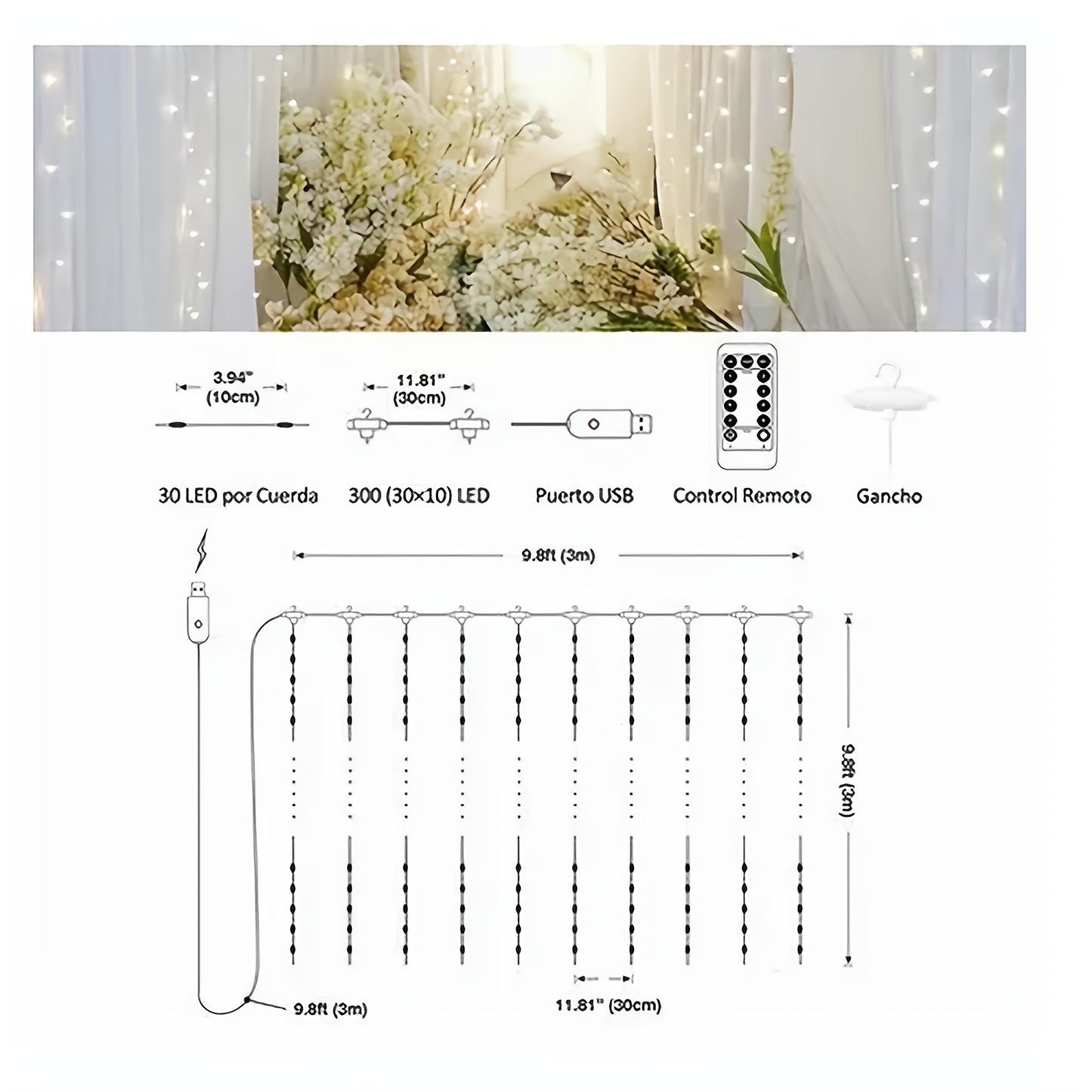 300 LED Warm Fairy Curtain Lights, 9.8 x 9.8ft - USB Powered, 8 Lighting Modes with Remote Control, Perfect for Bedroom & Party Decor, Includes Hook for Easy Hanging, LED Lights for Bedroom