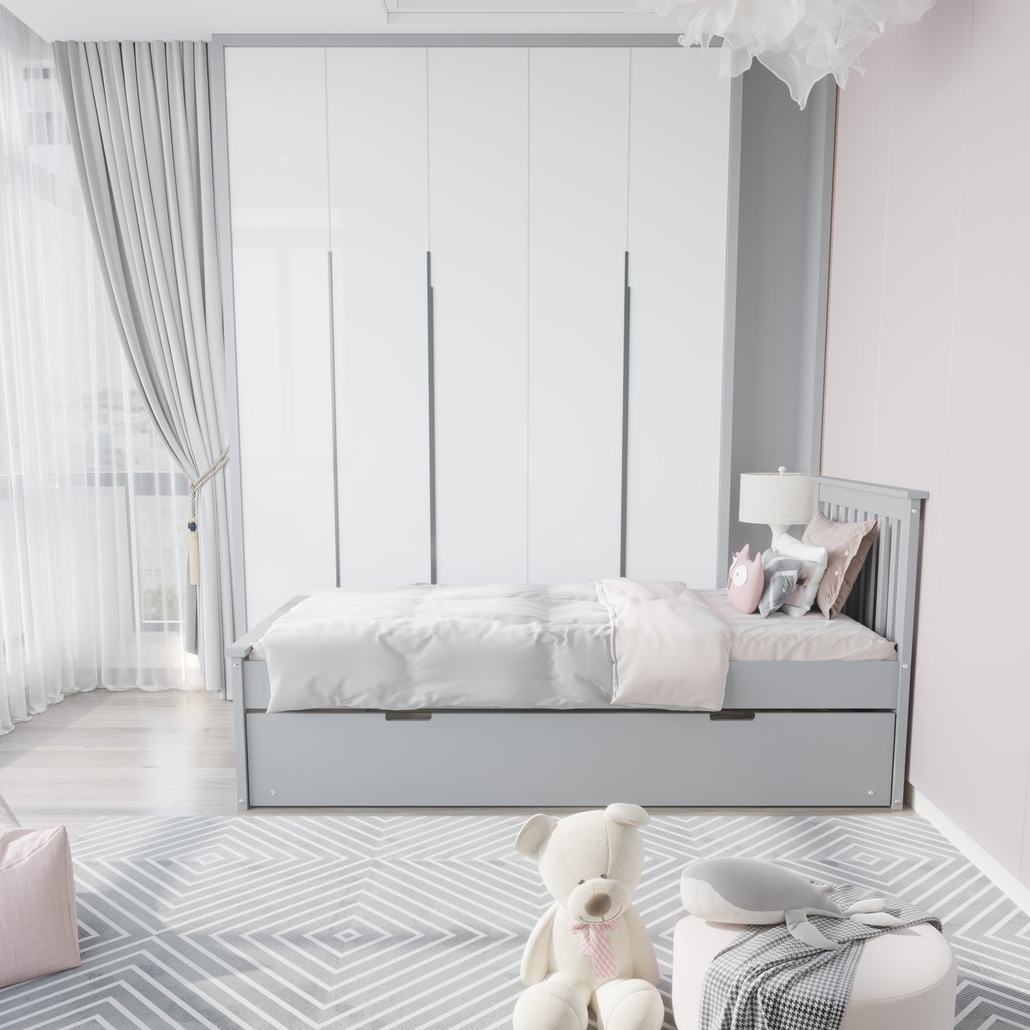 Gray Solid Wood Twin Bed With Pull Out Trundle-8