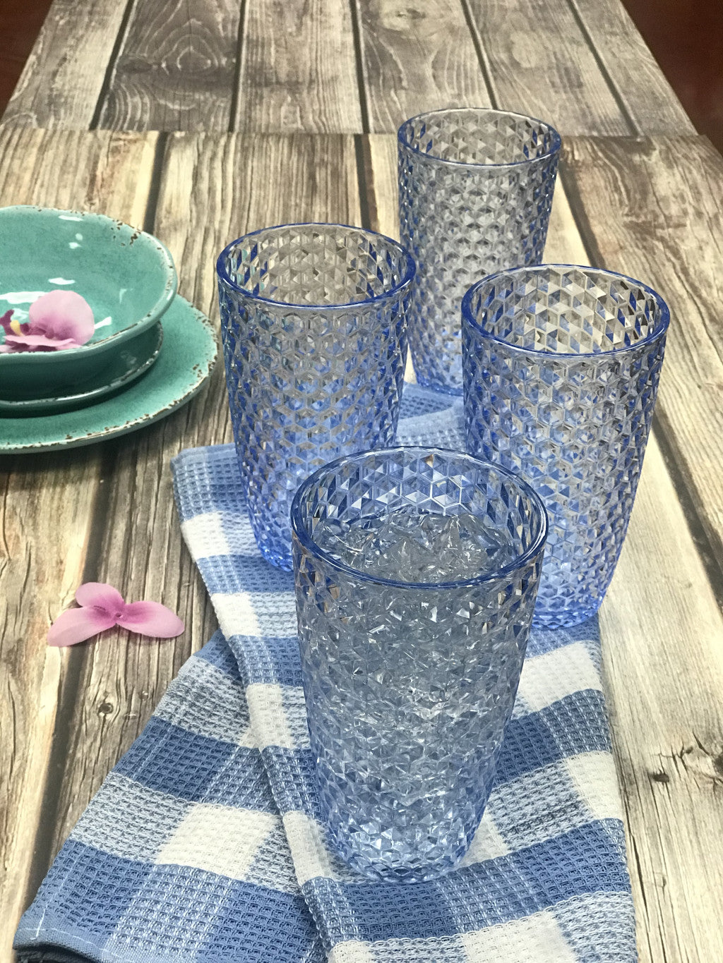 Set of Four Blue Geometric Acrylic Stemless Highball Glass-4