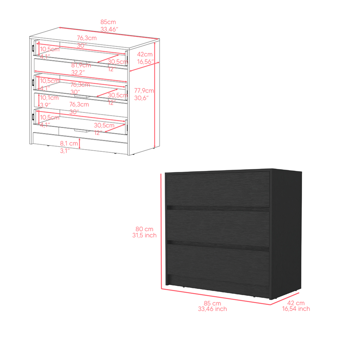 33" Black Three Drawer Dresser-8