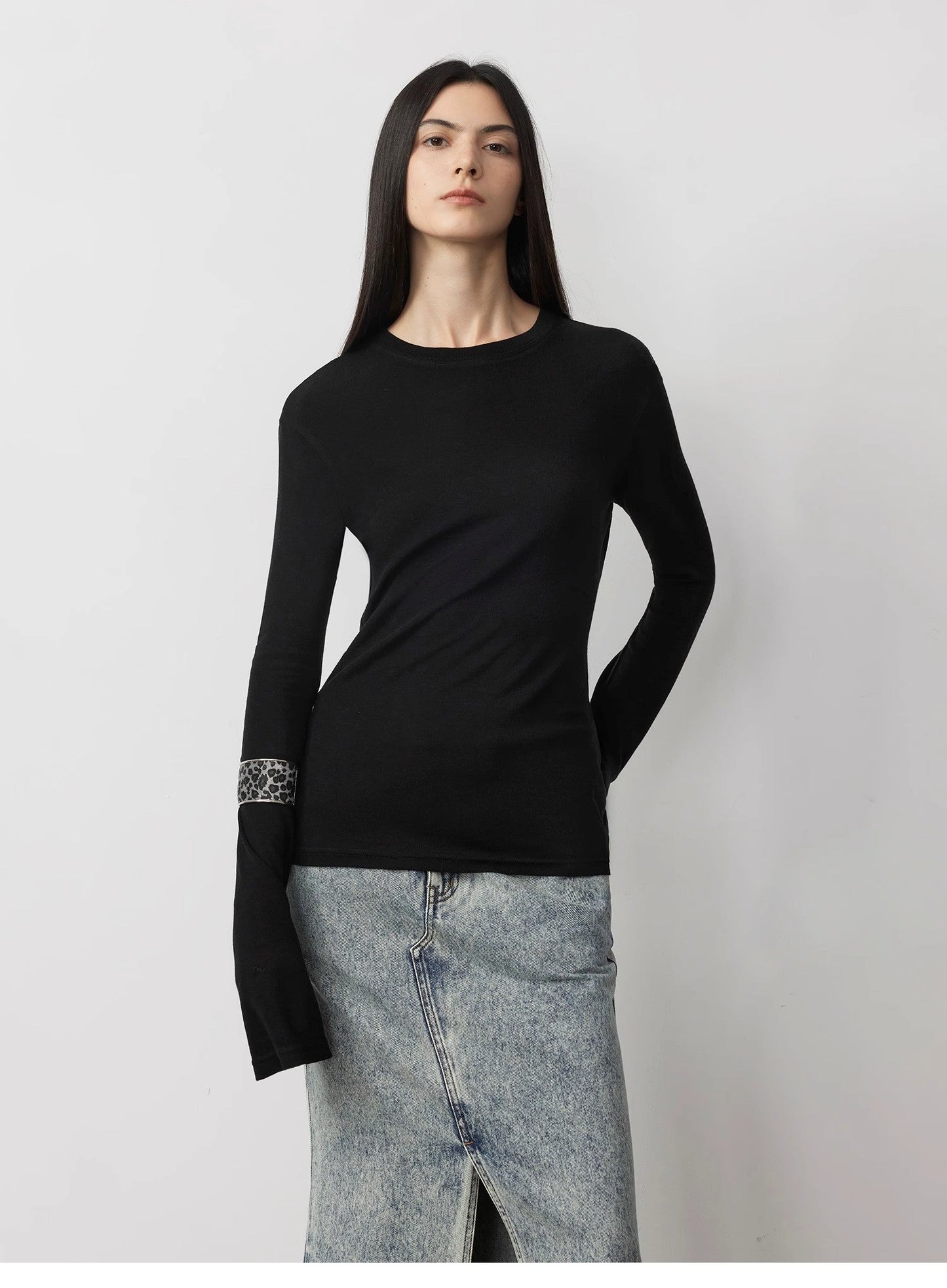 Lyocell wool stretch comfortable breathable fit minimalist solid color long-sleeved T-shirt-1