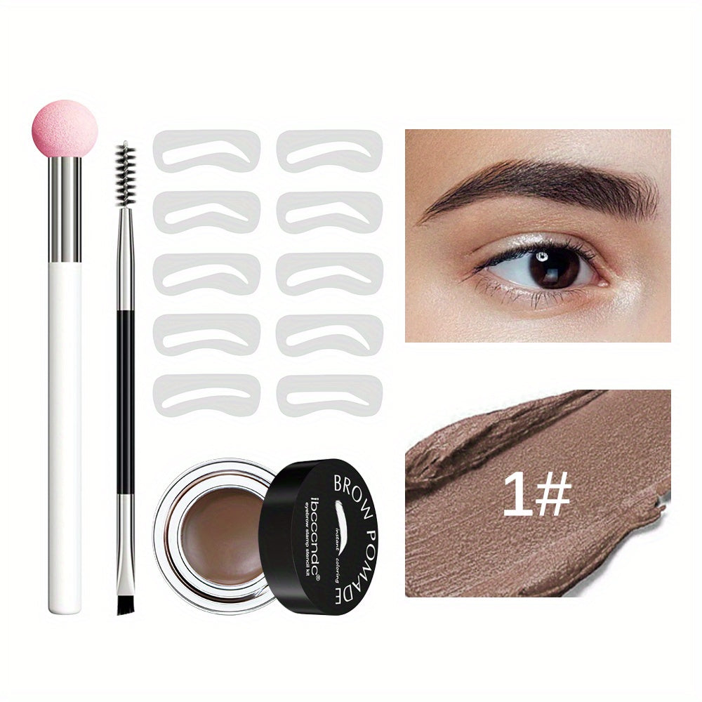 Waterproof and Sweatproof Eyebrow Cream Set with Brush and Sponge Stick - Black and Brown Colors - Lazy Print Eyebrow Stamp Powder - Eyebrow Stencil Included