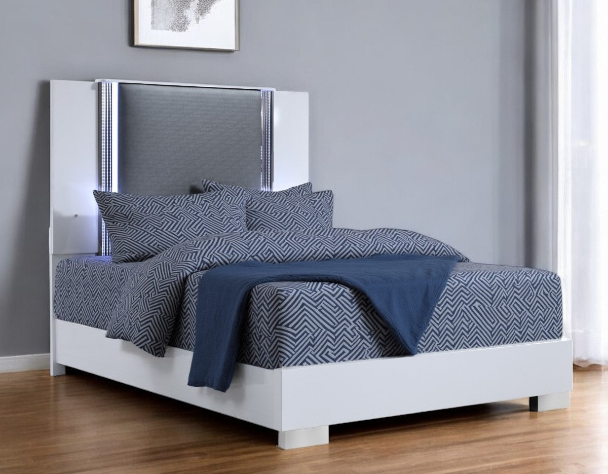 White and Gray Wood And Faux Leather Lighted King Bed Frame-1
