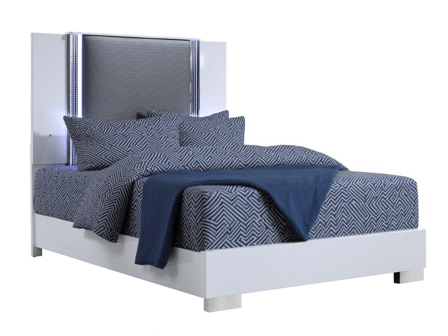 White and Gray Wood And Faux Leather Lighted King Bed Frame-3