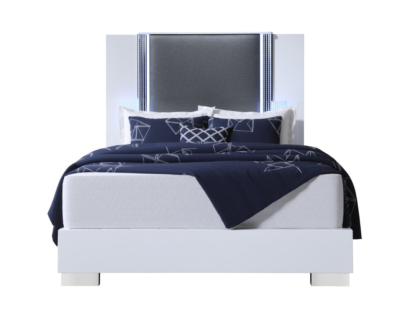 White and Gray Wood And Faux Leather Lighted King Bed Frame-2
