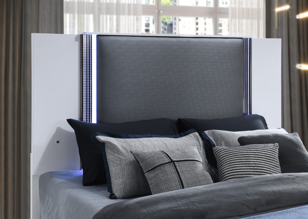 White and Gray Wood And Faux Leather Lighted King Bed Frame-4