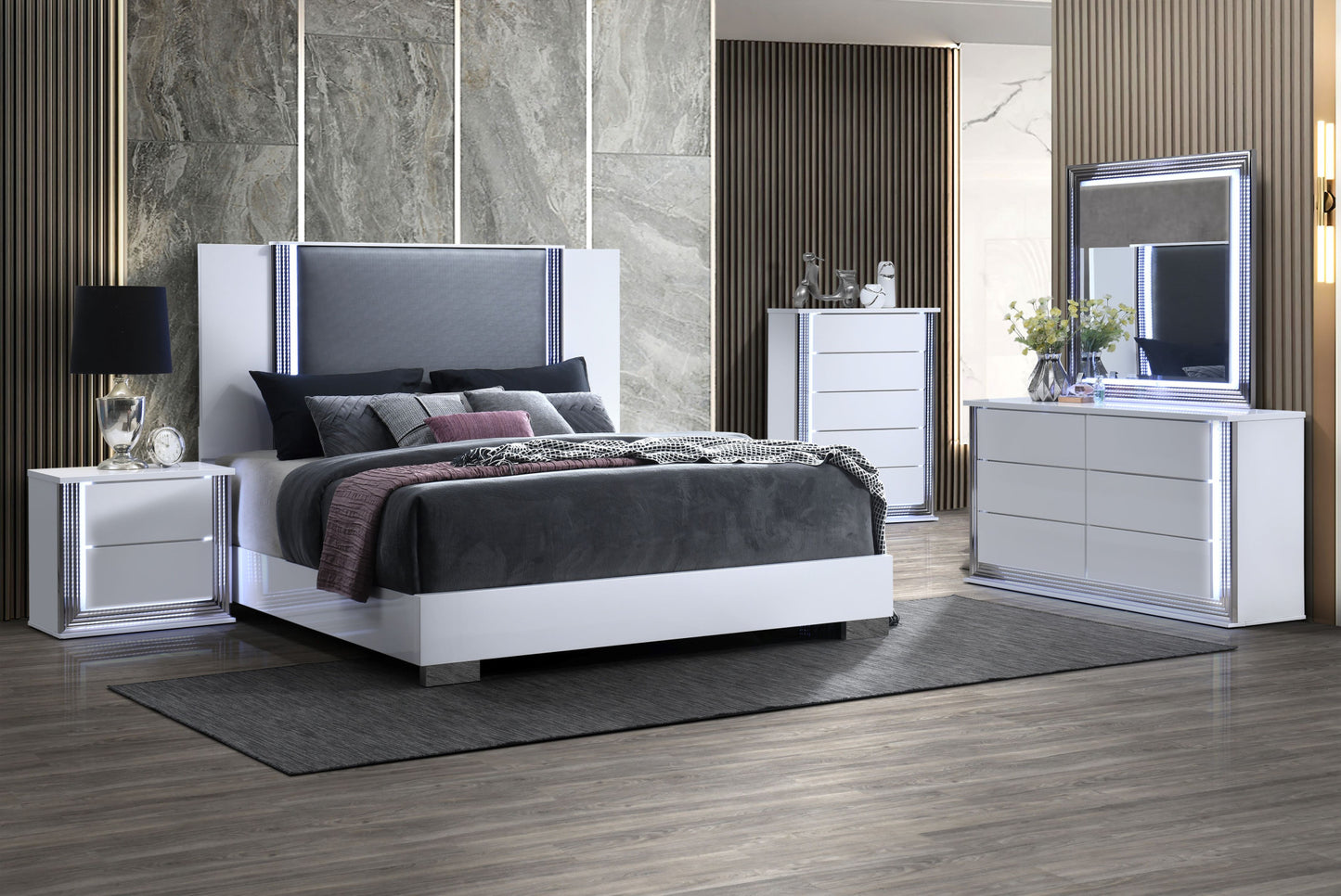 White and Gray Wood And Faux Leather Lighted King Bed Frame-5