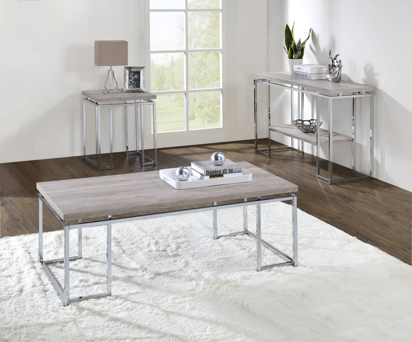 47" Oak and Silver Wood And Metal Frame Coffee Table-6