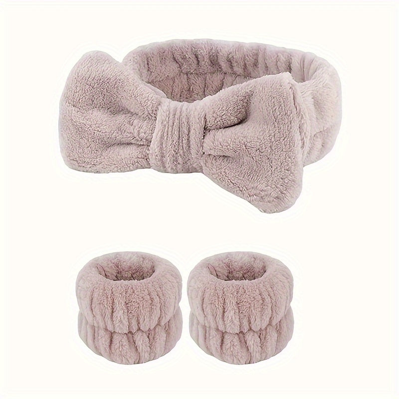 Solid Color Butterfly End Headband Wristband Set Women's Wash Beauty Makeup Headband Wrist Flannel Hair Accessories Headwear Face Wash Headband Wrist Set Plush Elastic Headband Ladies Accessories Set