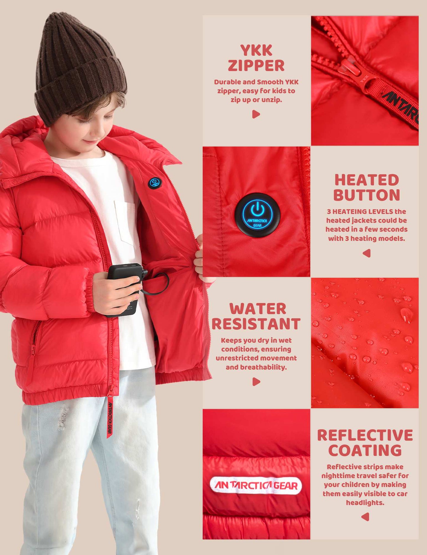 Antarctica Gear Kid Heated Jacket with 12V/5A 10000 mAh Battery Pack Winter Coat for Boys Girls Heated Coat-4