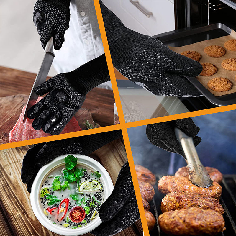 1 Pair BBQ Grill Gloves, Resistant Gloves Heat Resistant Fireproof Gloves, Washable Non-Slip Silicone Oven Gloves, Kitchen Safe Cooking Gloves For Oven Mitts, Barbecue, Cooking, Frying, 12.6inch