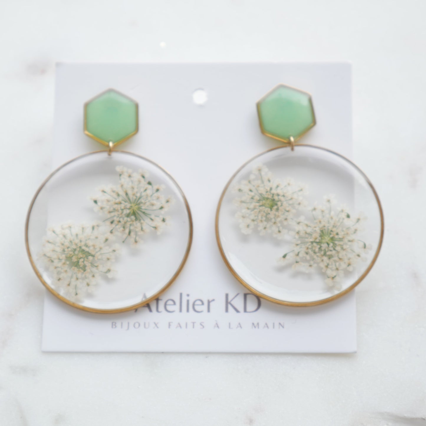 Boucles d'oreilles duo Estelle blanche et vert - rond (40mm)