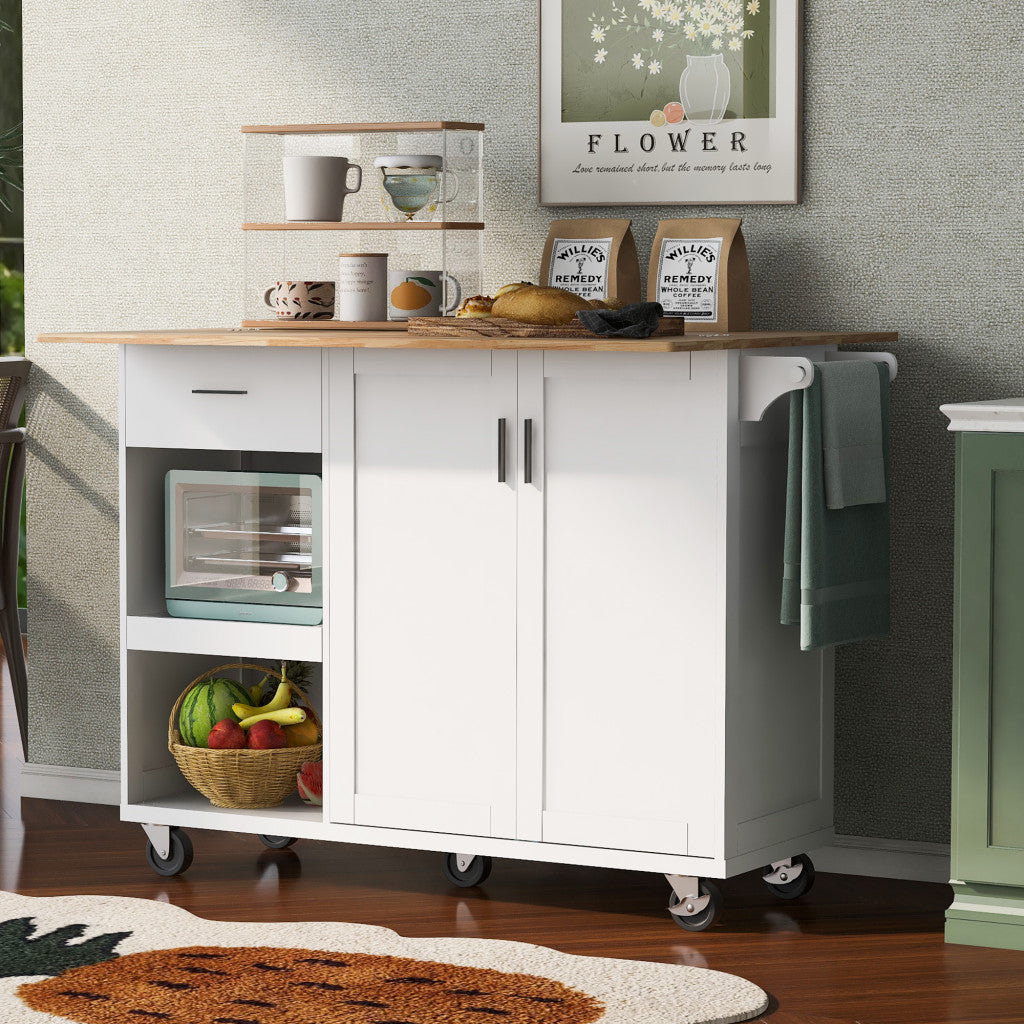 49" White Wood Rolling Kitchen Island With Storage-1