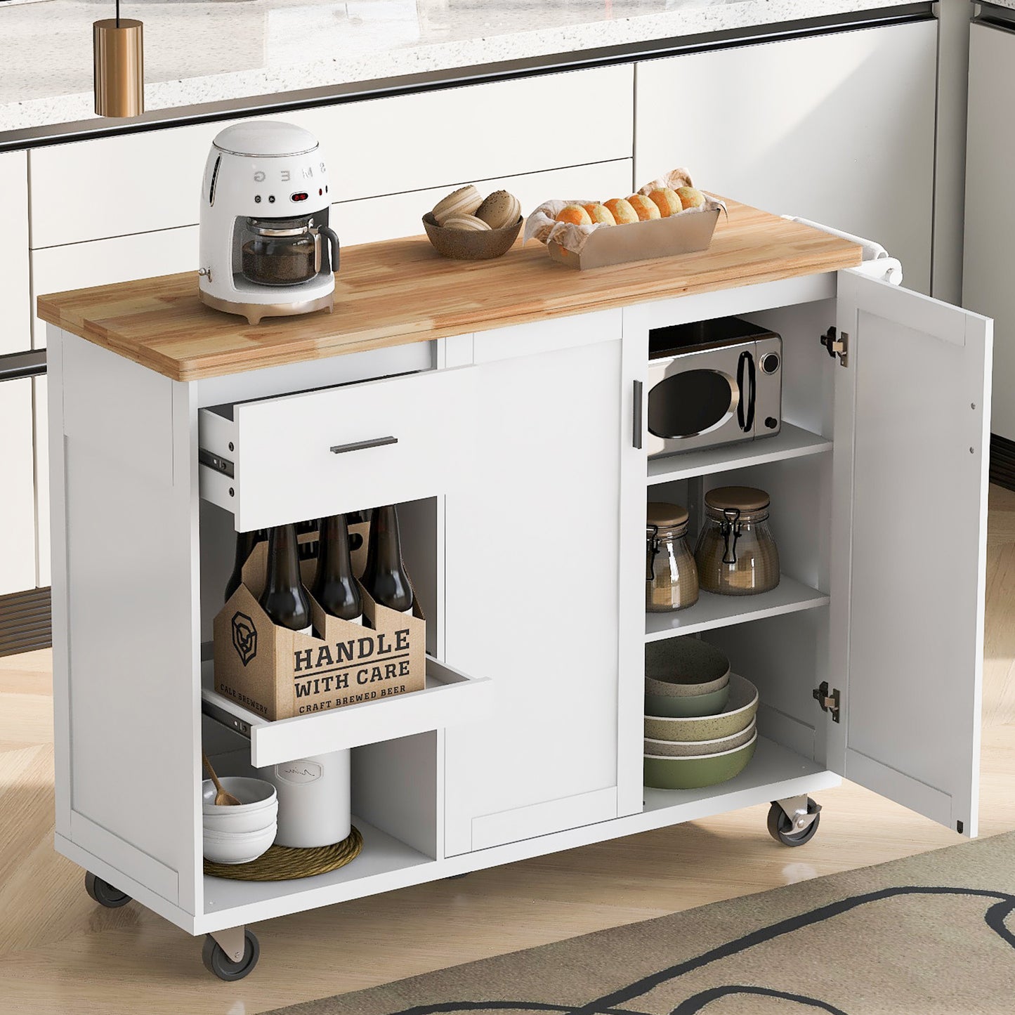 49" White Wood Rolling Kitchen Island With Storage-2