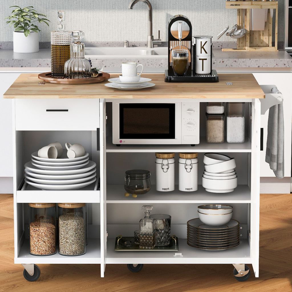 49" White Wood Rolling Kitchen Island With Storage-3
