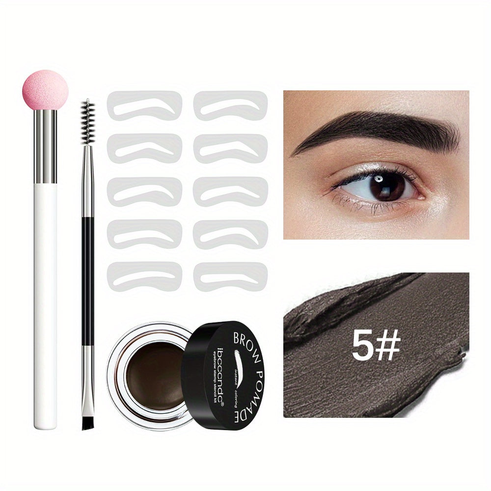 Waterproof and Sweatproof Eyebrow Cream Set with Brush and Sponge Stick - Black and Brown Colors - Lazy Print Eyebrow Stamp Powder - Eyebrow Stencil Included