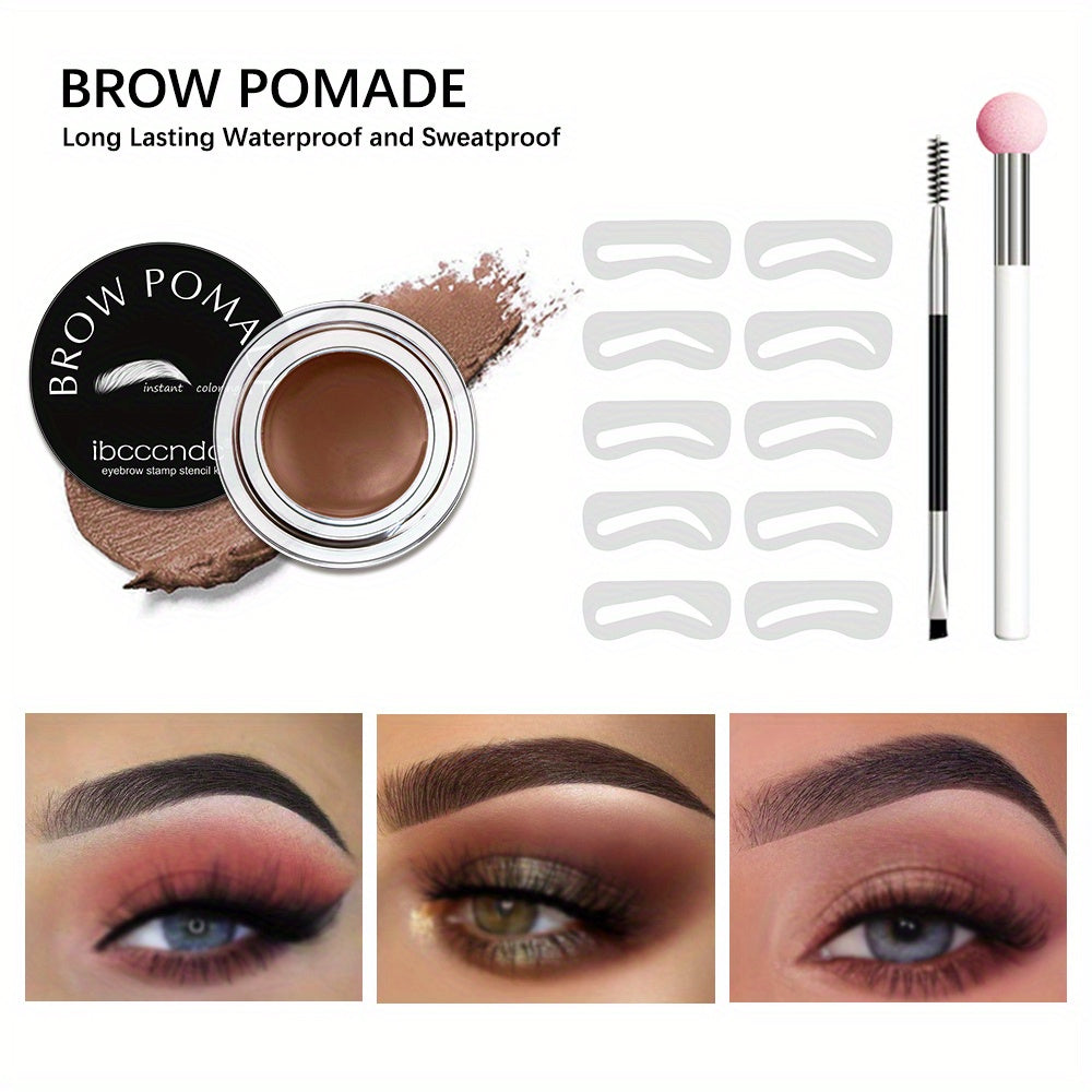 Waterproof and Sweatproof Eyebrow Cream Set with Brush and Sponge Stick - Black and Brown Colors - Lazy Print Eyebrow Stamp Powder - Eyebrow Stencil Included