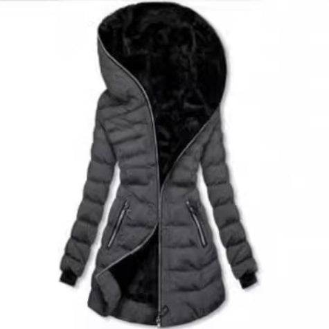 Hooded Warm Fleece Padded Jacket Mid-length Jacket Black Padded Jacket