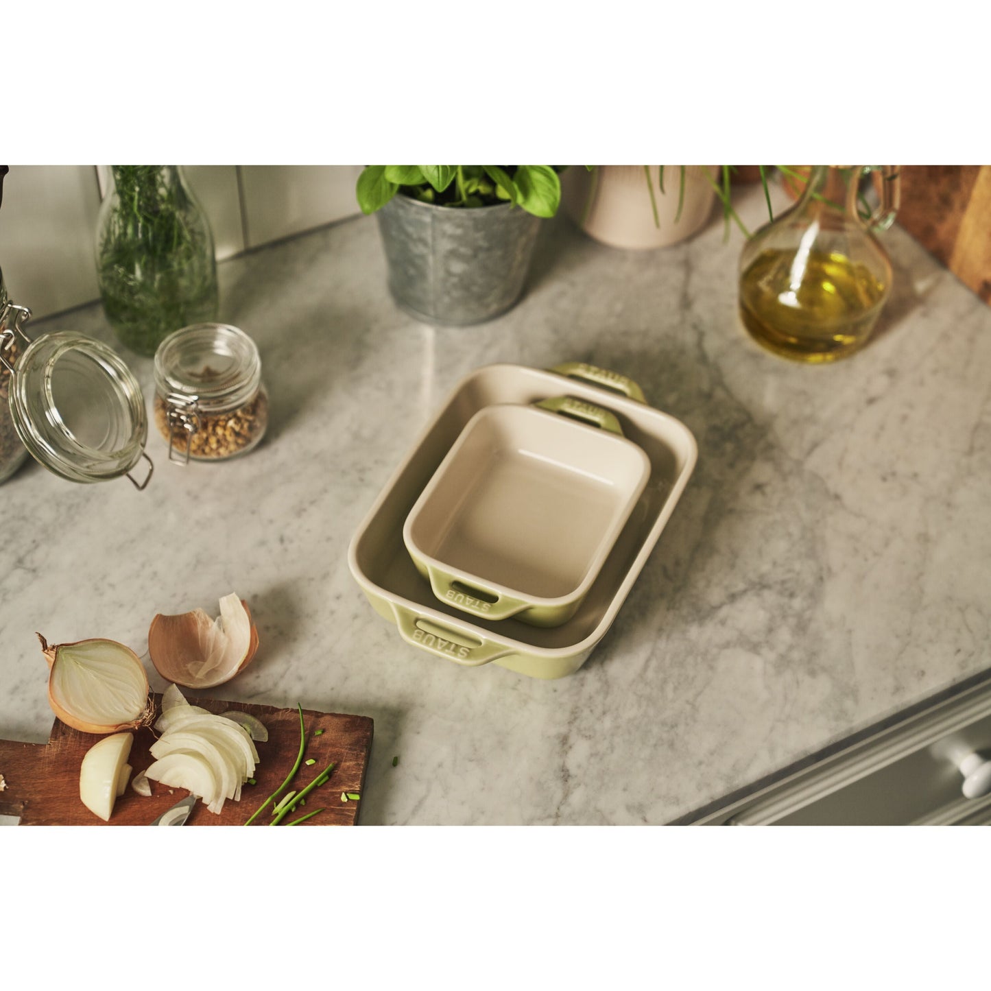STAUB Ceramique Rectangular Baking Dish Set Light Green 2 Piece-1