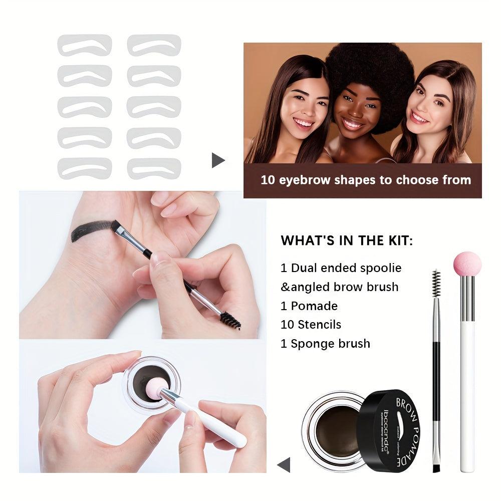 Waterproof and Sweatproof Eyebrow Cream Set with Brush and Sponge Stick - Black and Brown Colors - Lazy Print Eyebrow Stamp Powder - Eyebrow Stencil Included