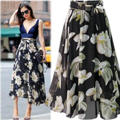 Women Formal Work Office High Waist Floral Midi Big Swing Chiffon Skirt