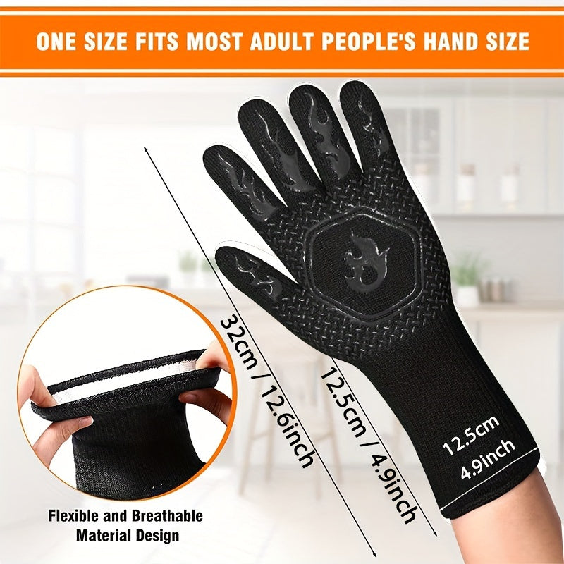 1 Pair BBQ Grill Gloves, Resistant Gloves Heat Resistant Fireproof Gloves, Washable Non-Slip Silicone Oven Gloves, Kitchen Safe Cooking Gloves For Oven Mitts, Barbecue, Cooking, Frying, 12.6inch