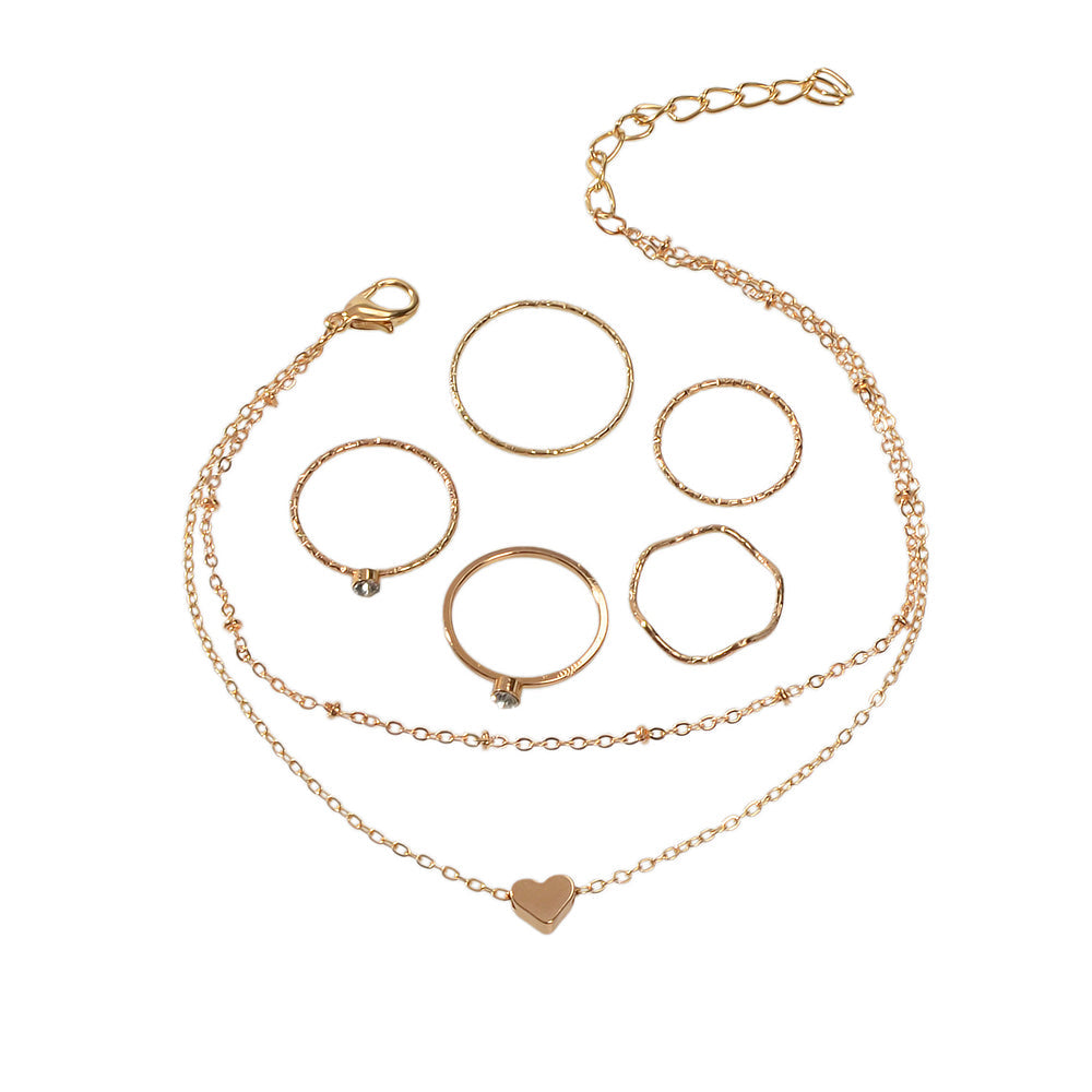 Multi-layer Gold Chain Love Heart Charm Anklet Knuckle Curved Multiple Rings set-0