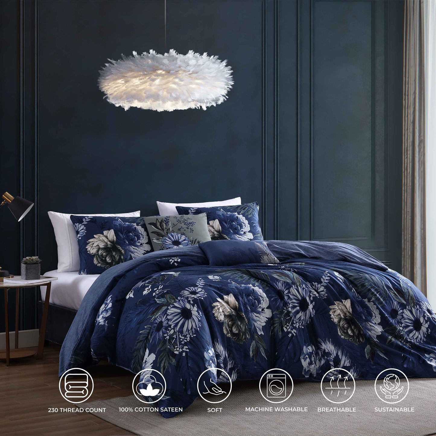 Bebejan Daisy Blue 5 Piece Queen Size Reversible Comforter Set - FINAL SALE-1