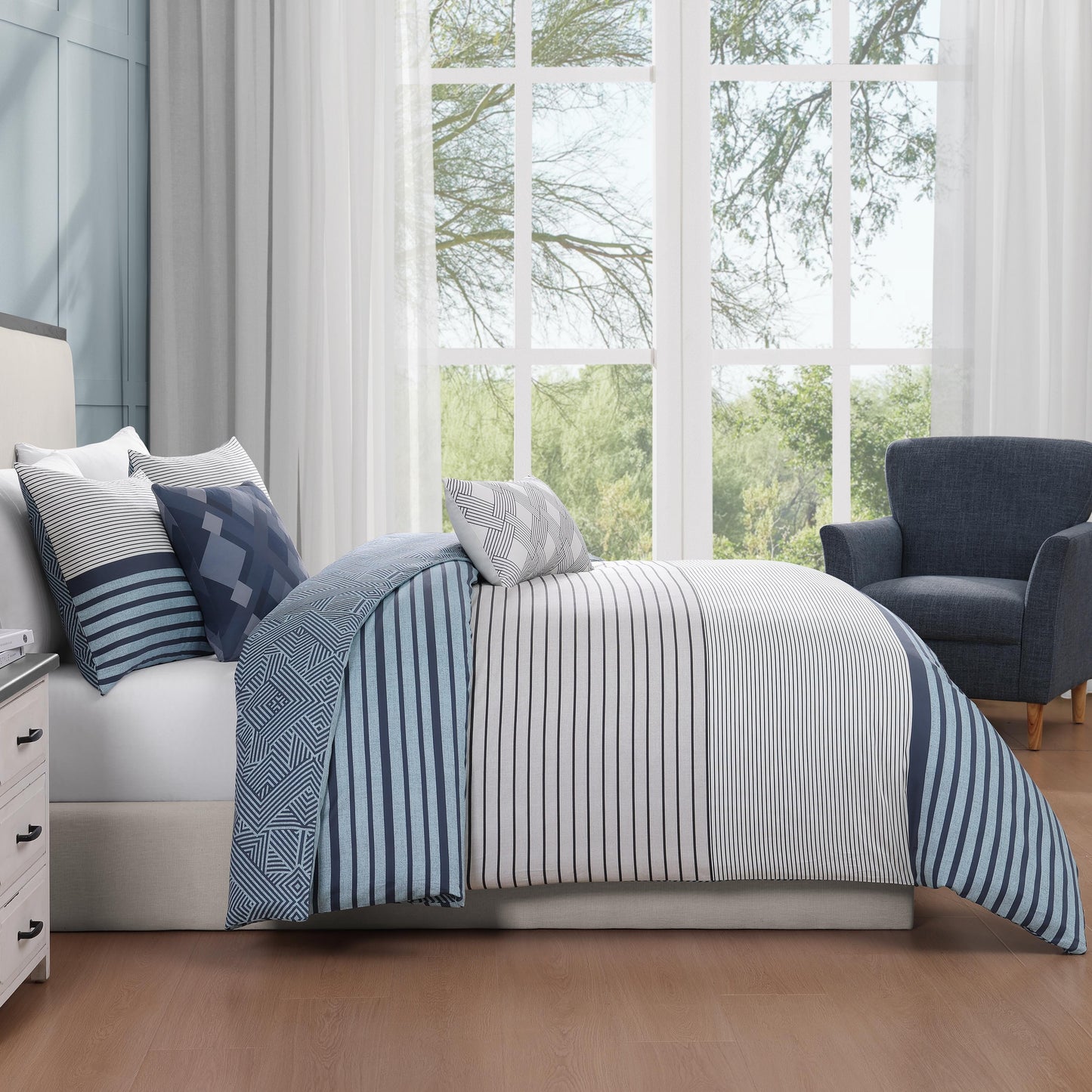 Bebejan Blue Geo Lines 5 Piece Reversible Comforter Set-0