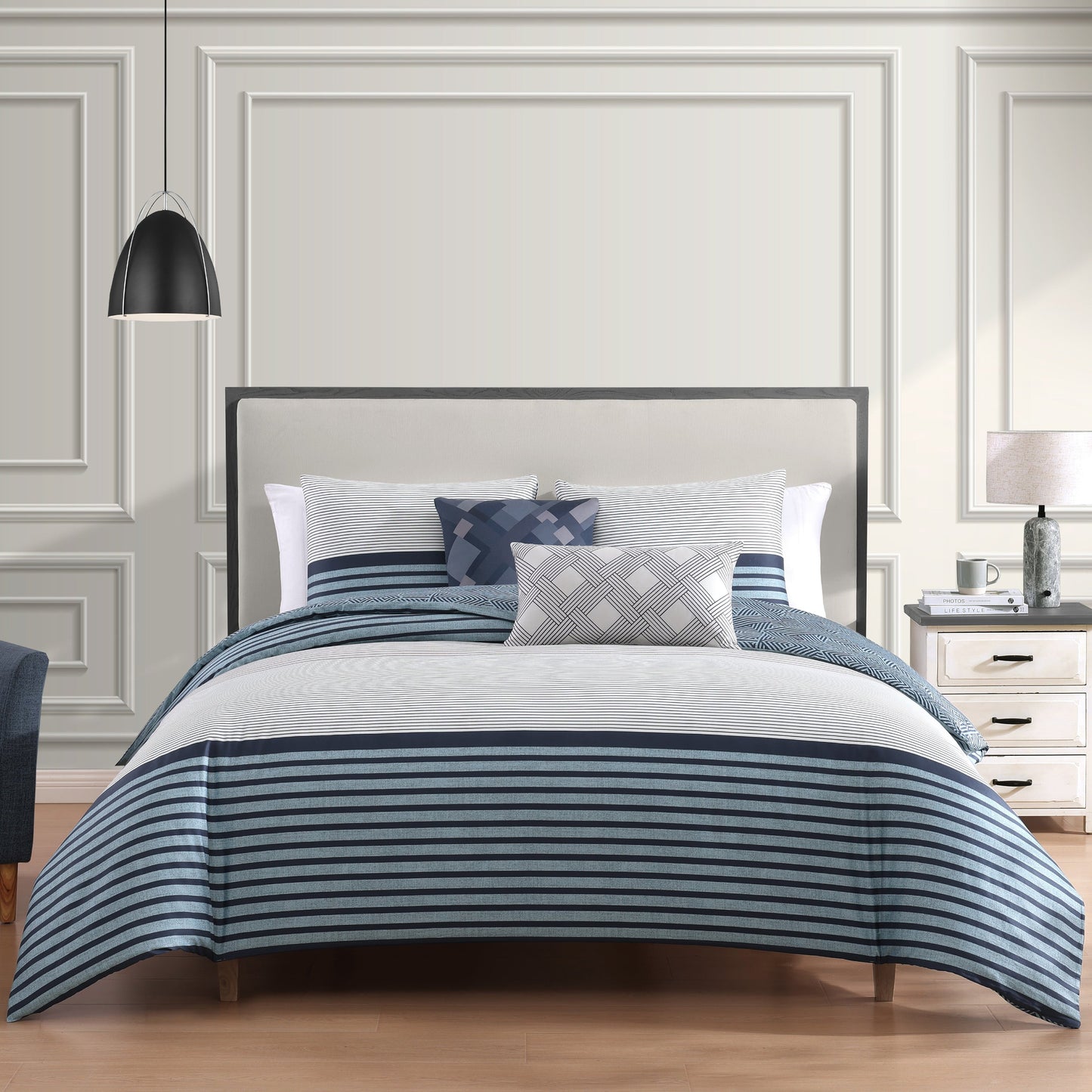 Bebejan Blue Geo Lines 5 Piece Reversible Comforter Set-1