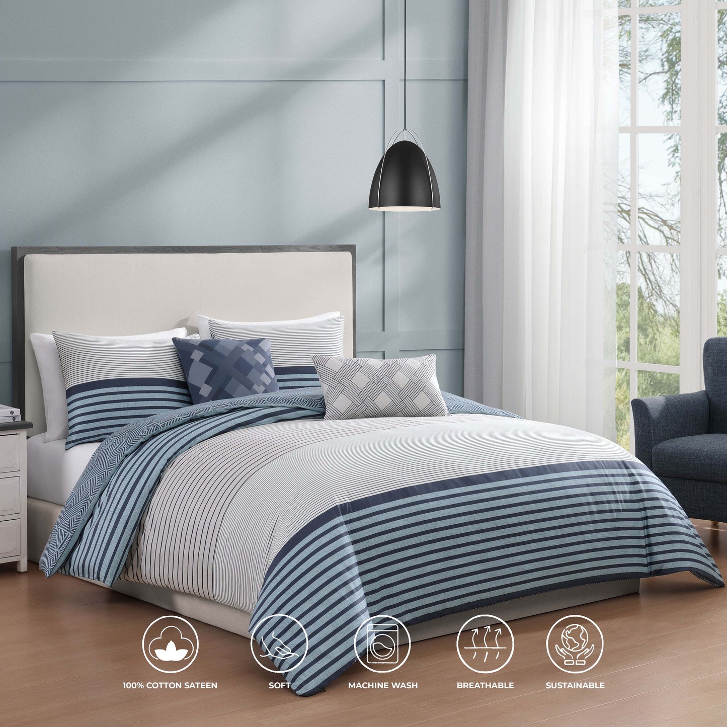 Bebejan Blue Geo Lines 5 Piece Reversible Comforter Set-3
