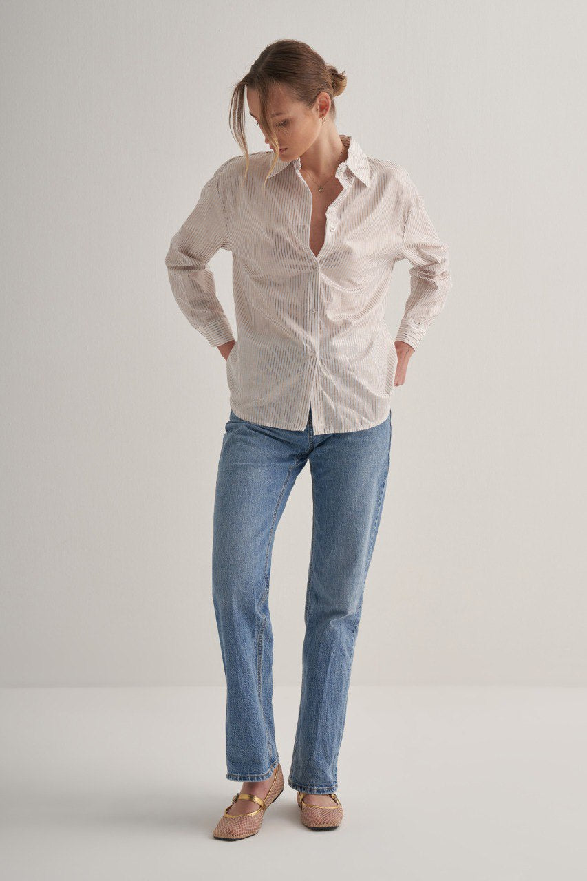 Button Down Gold Stripe Longsleeve Shirt - White