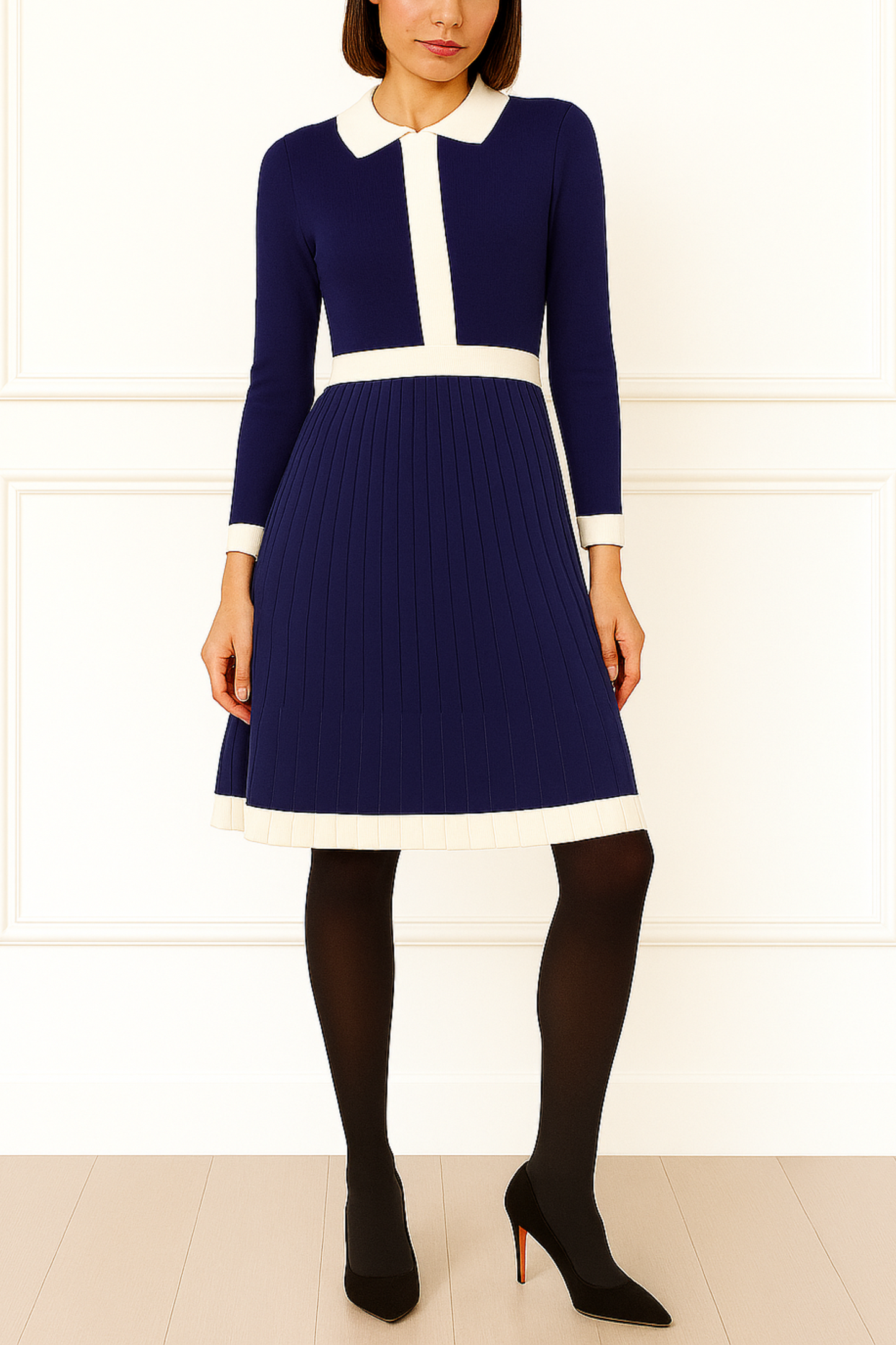 Clarissa Knit Women's Dress Contrast Trim Long Sleeves-5