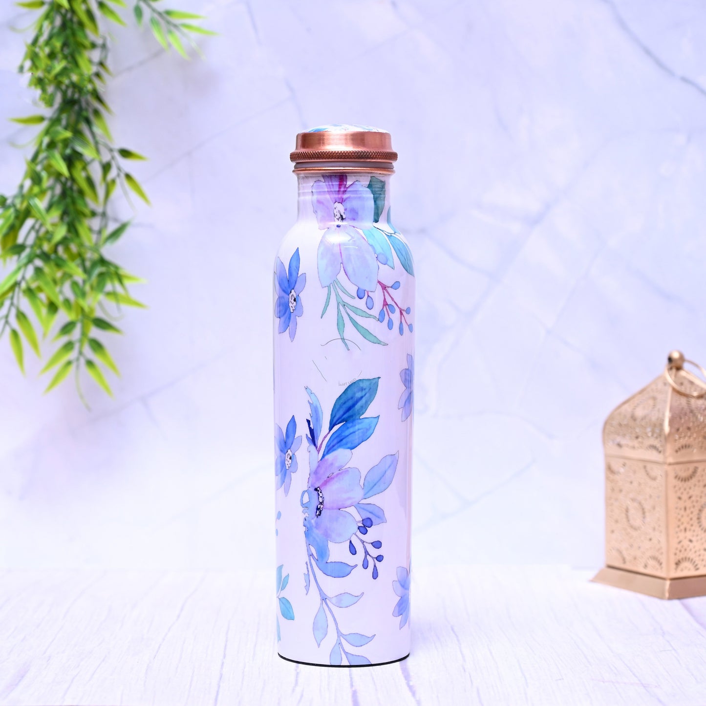 Pure Copper Blue Flower Printed Water Bottle with Leak Proof Capacity 1000 ML.-1