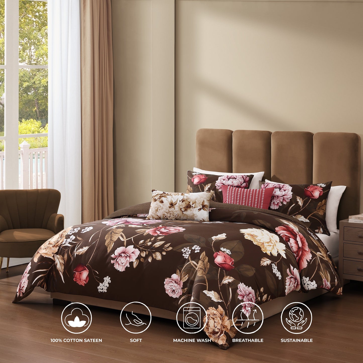 Bebejan Floral Garden on Mocha 5 Piece Reversible Comforter Set-1