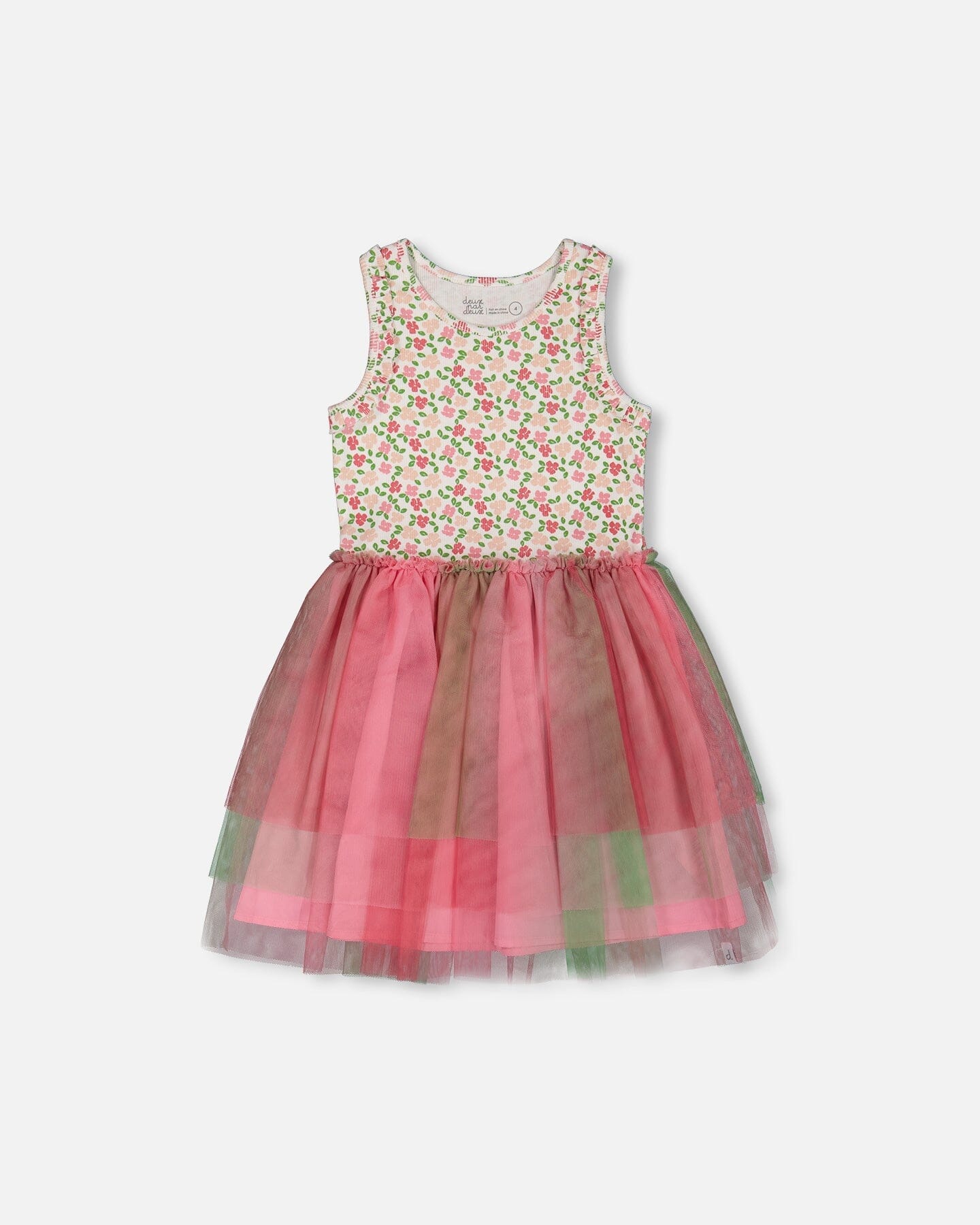 Bi-Material Cotton And Mesh Dress Small Flowers And Multicolored Gradient Skirt-0