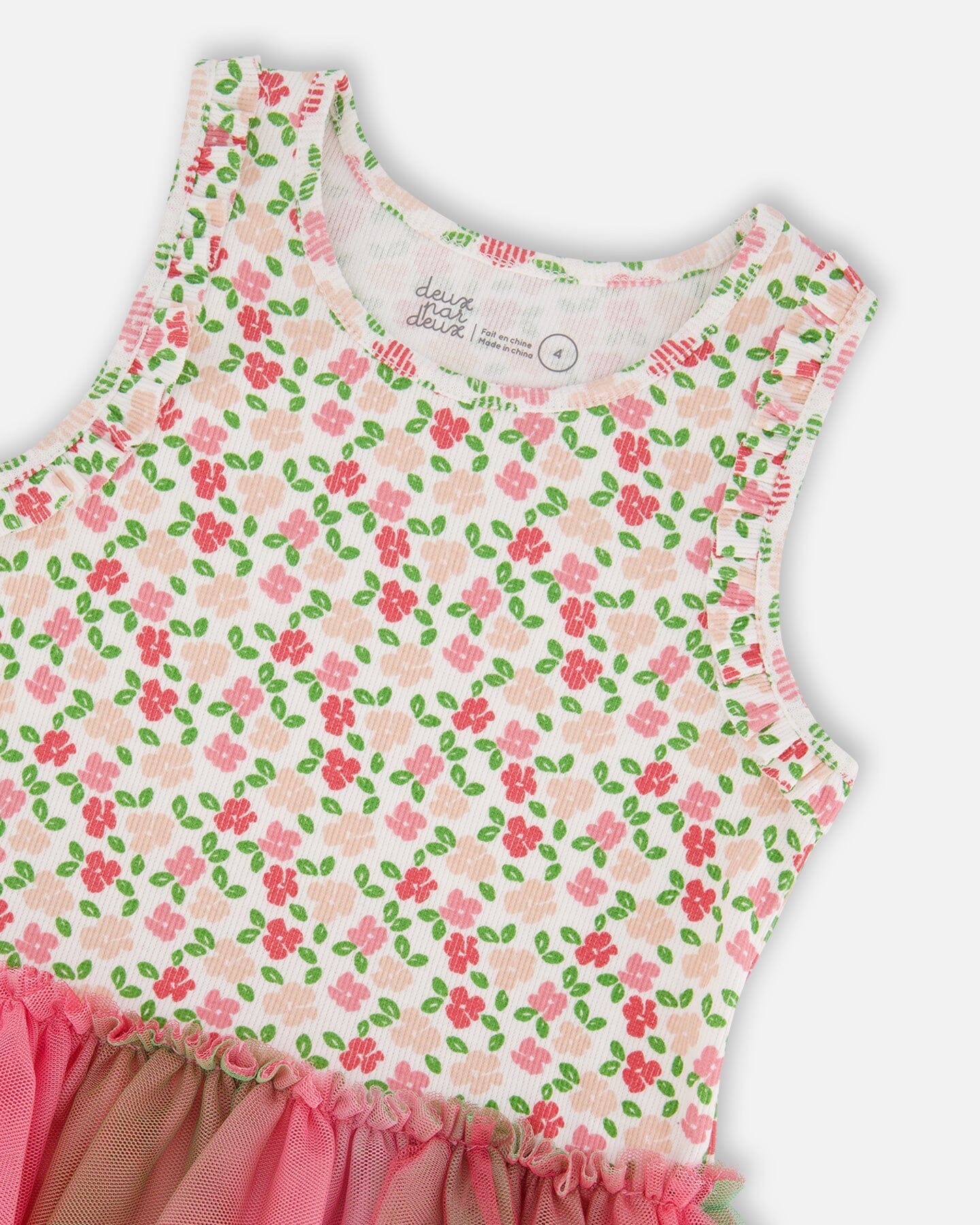 Bi-Material Cotton And Mesh Dress Small Flowers And Multicolored Gradient Skirt-3