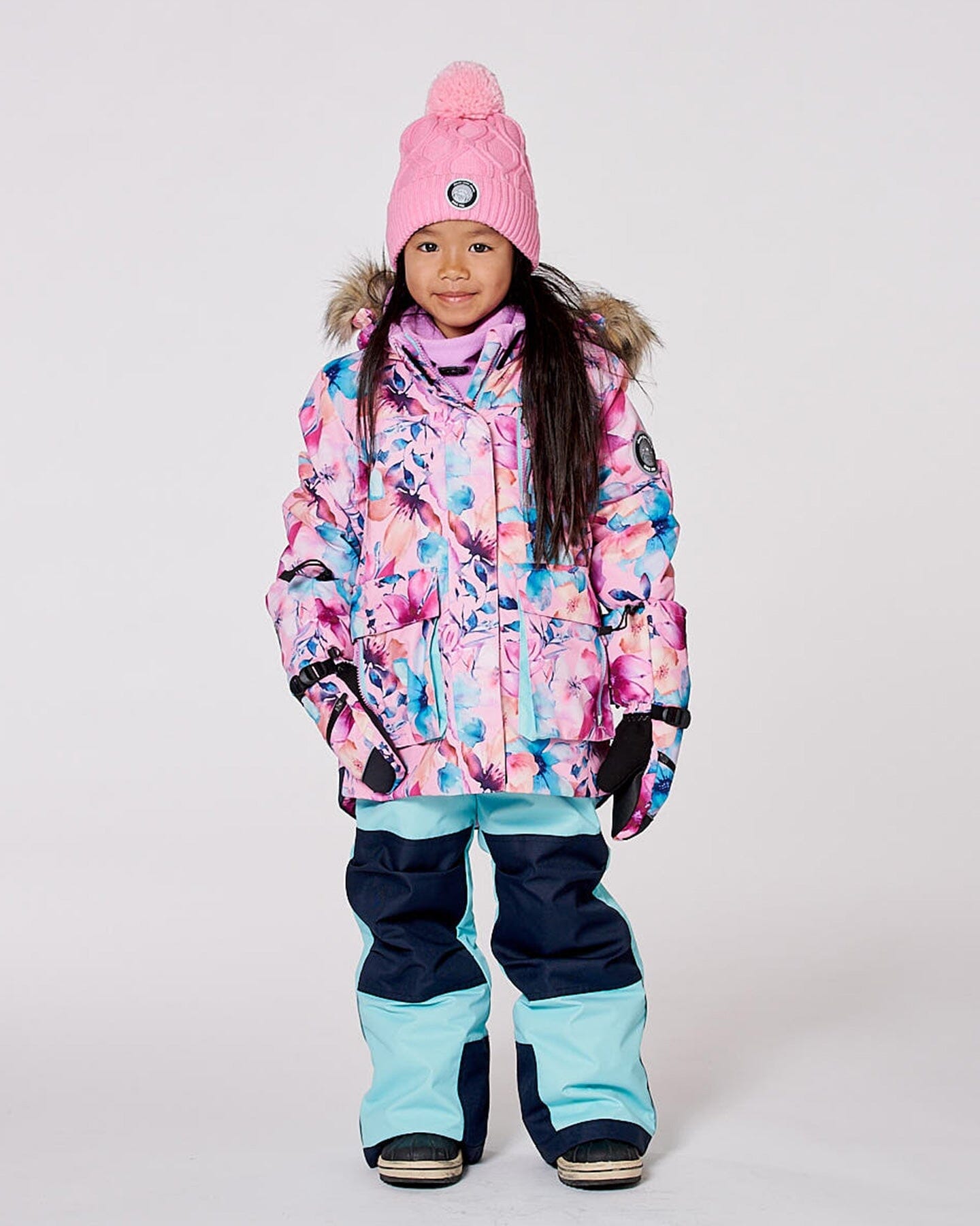 Lined Knit Pompom Hat Pink And Purple And Black-1