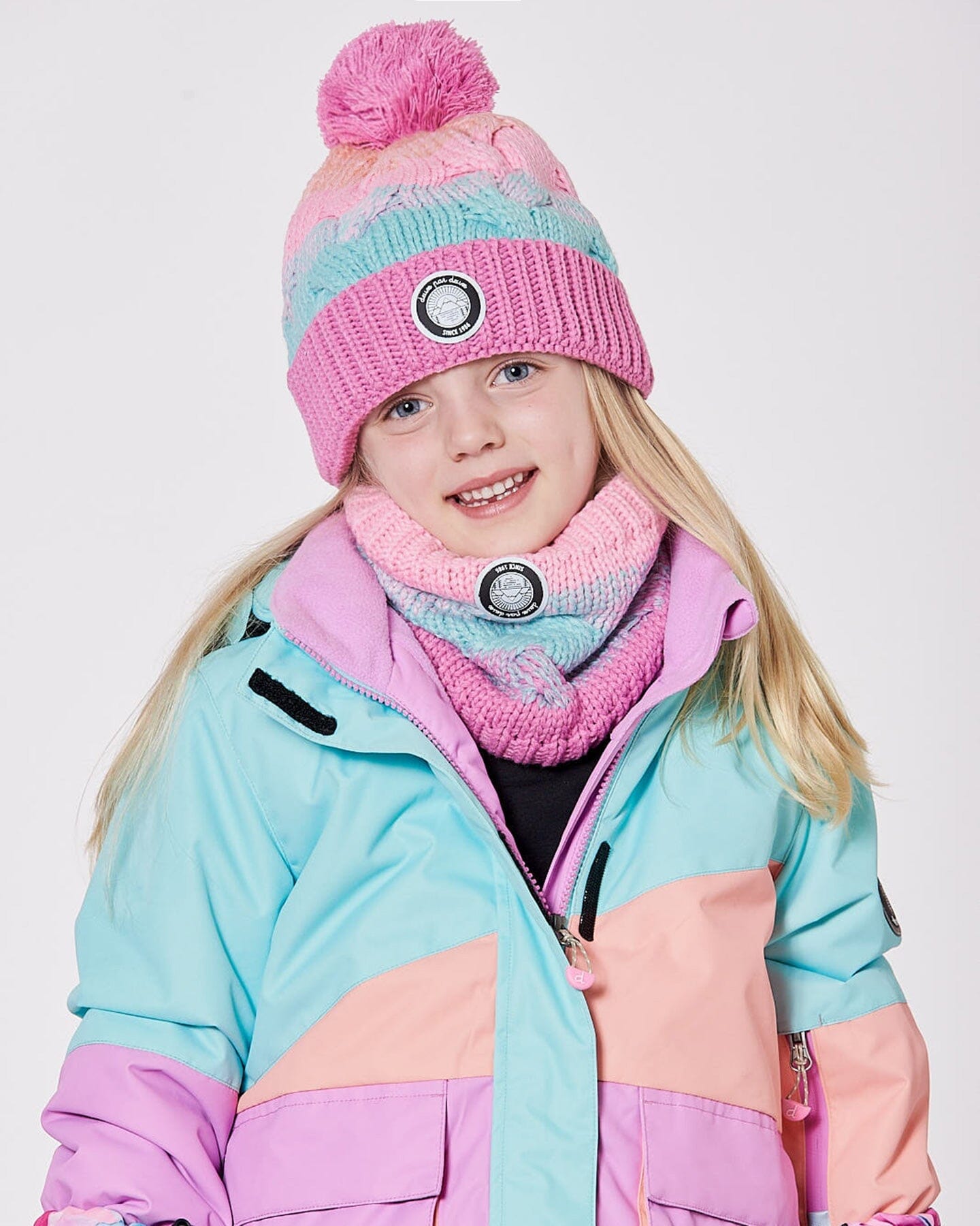 Lined Knit Pompom Hat Pink, Orange And Turquoise-1