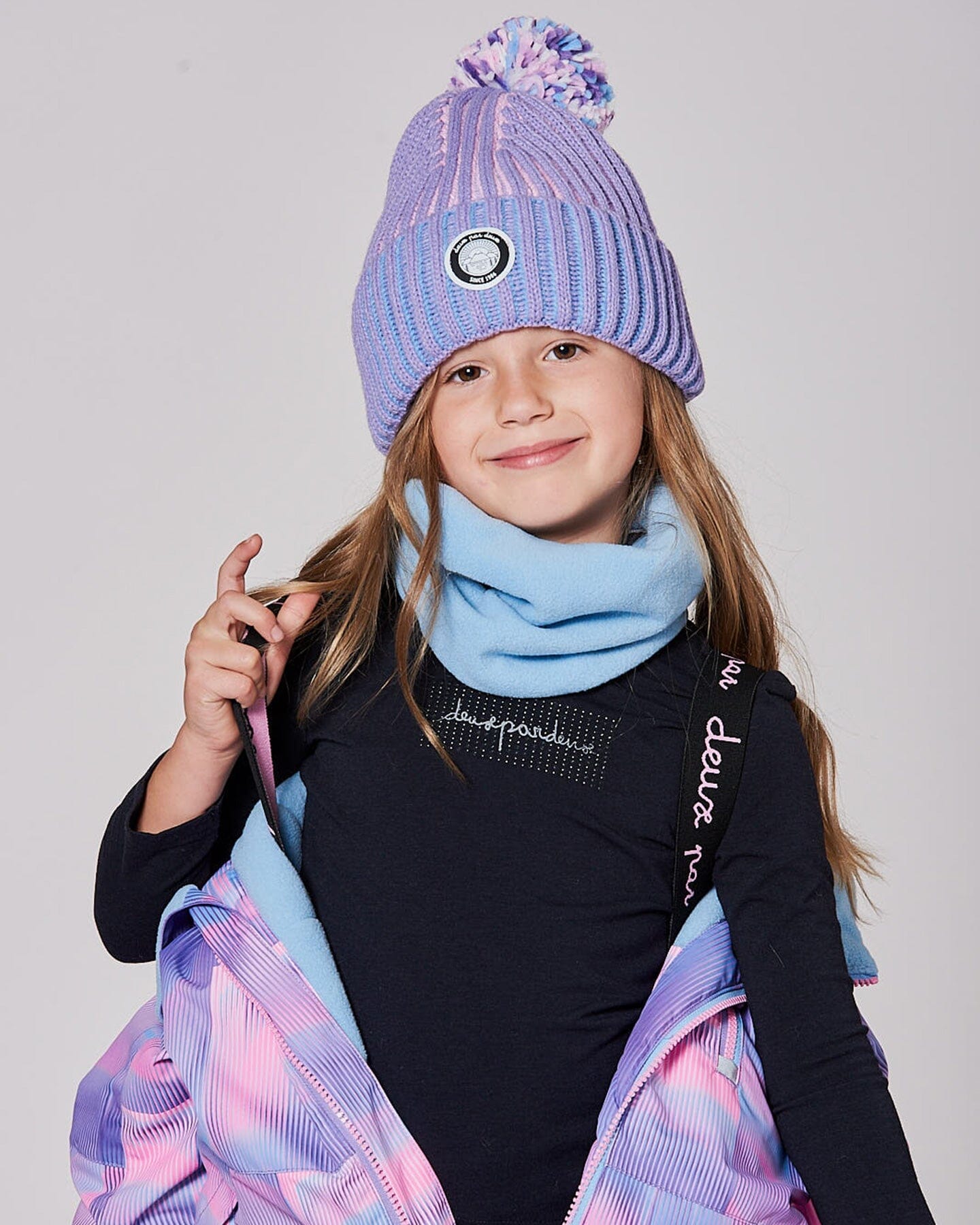Lined Knit Pompom Hat Blue, Purple And Pink-1