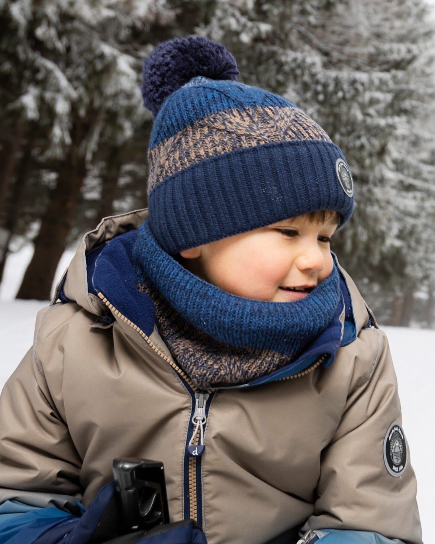 Lined Knit Pompom Hat Taupe And Navy-1