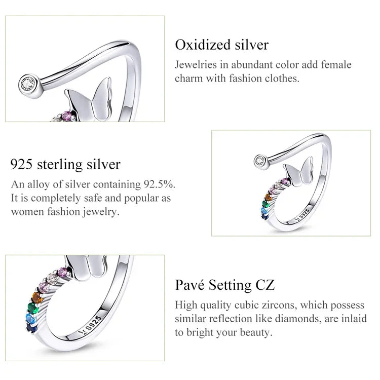 925 Sterling Silver Rainbow Butterfly Ring for Women - Adjustable Open Ring with Colorful Zircon Stones