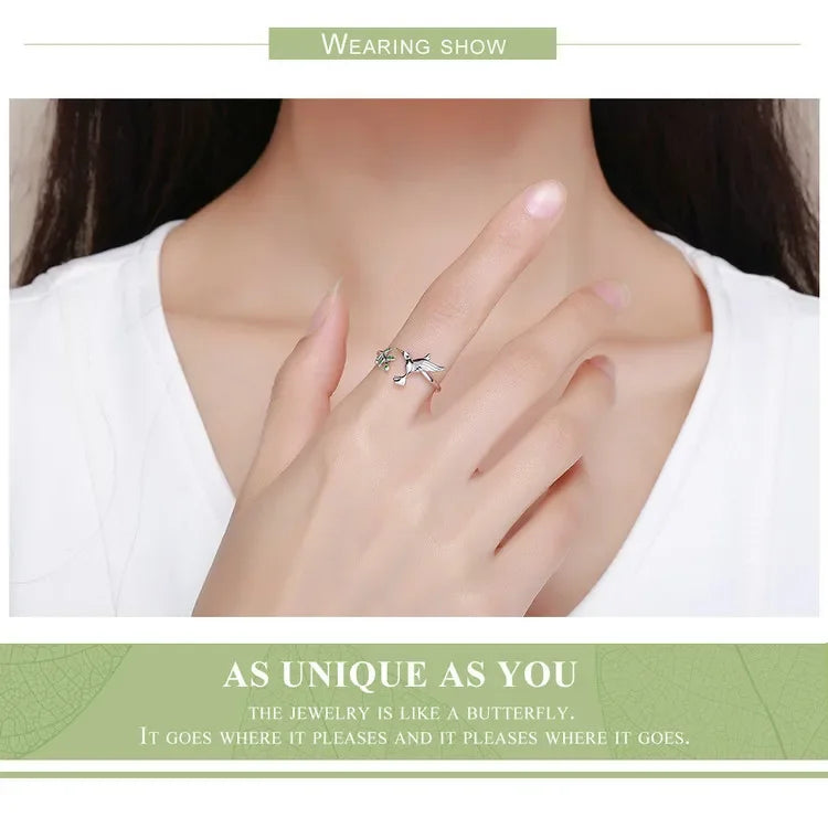 Springtime Elegance: Sterling Silver Tree Leaves & Bird Open Ring