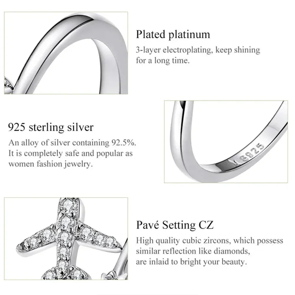 Genuine 925 Sterling Silver Flying Plane Open Adjustable Ring With Clear Cz - Fine Jewelry