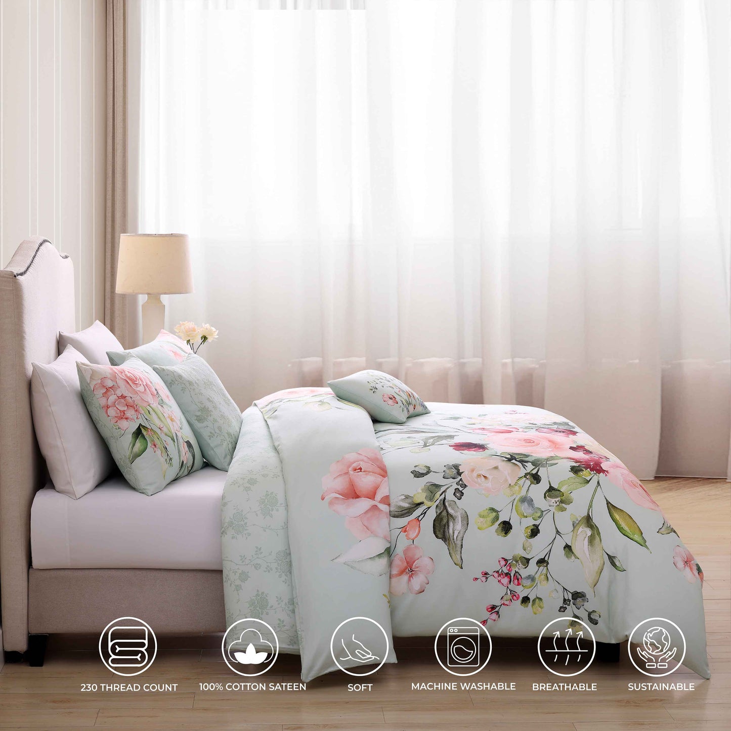 Bebejan Rose on Misty Green 5 Piece Reversible Comforter Set-1