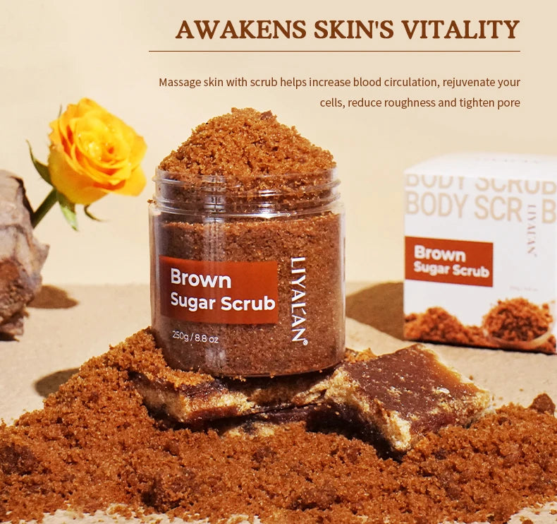 LIYALAN Brown Sugar Body Scrub Smooth Skin Exfoliating Deep Cleaning Softens Cuticles Moisturizing Whitening SPA Organic Sugar